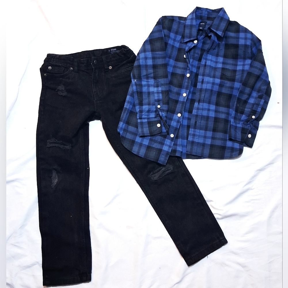 Gap Kids Blue Flannel And Denim Coord Set Size 7Y